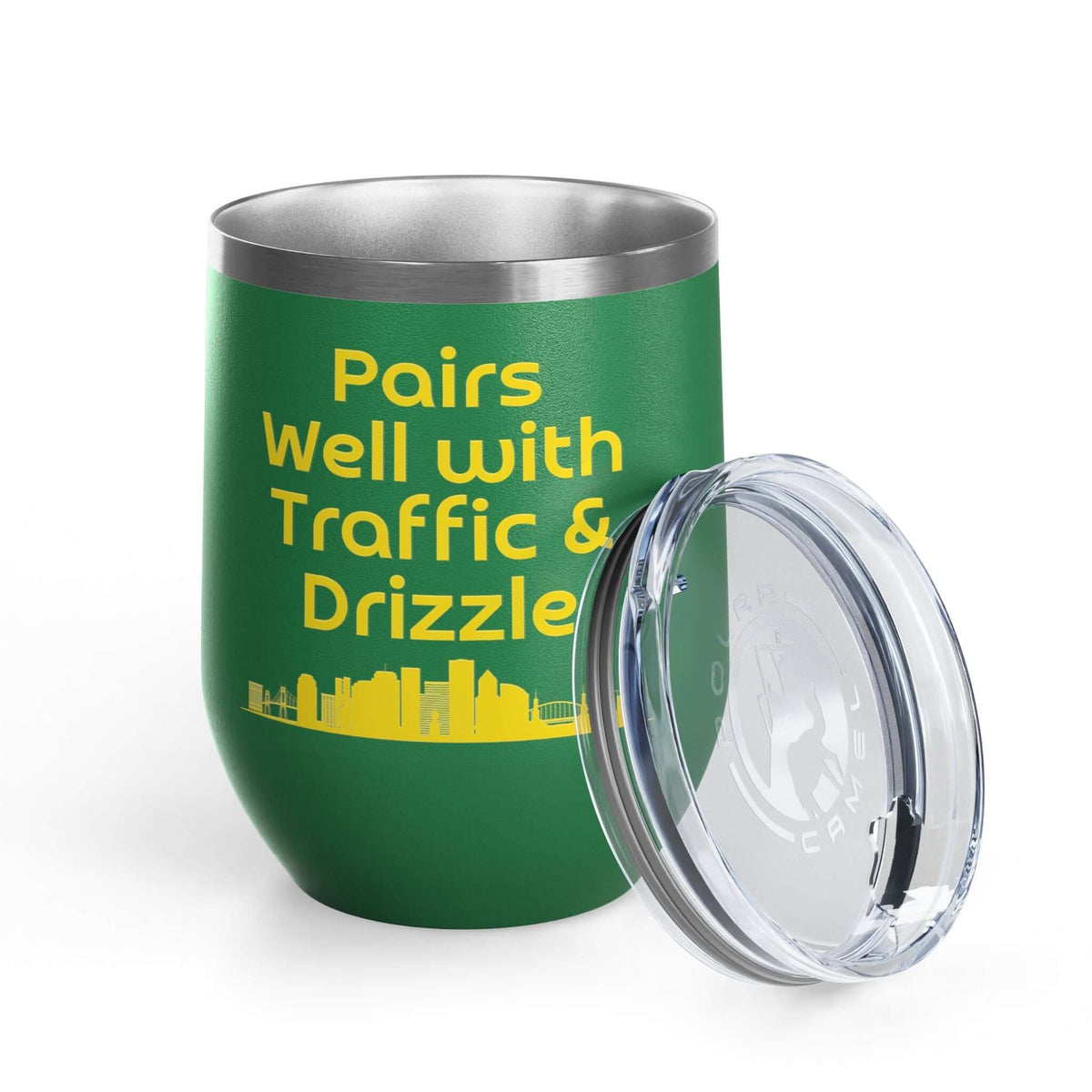 Pairs Well with Traffic and Drizzle Portland PNW Wine Tumbler 12 oz featuring Portland skyline