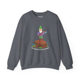 Funny 'Say Hello to My Little Friend' sweatshirt featuring a gnome with an axe on a stump.
