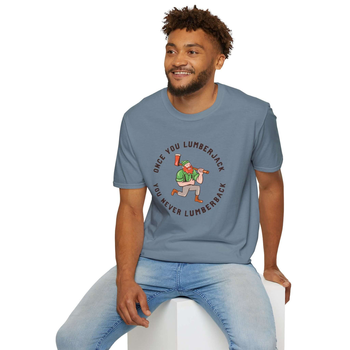Man wearing a Once You Lumberjack vintage style t-shirt with playful axe design, showcasing a casual look.