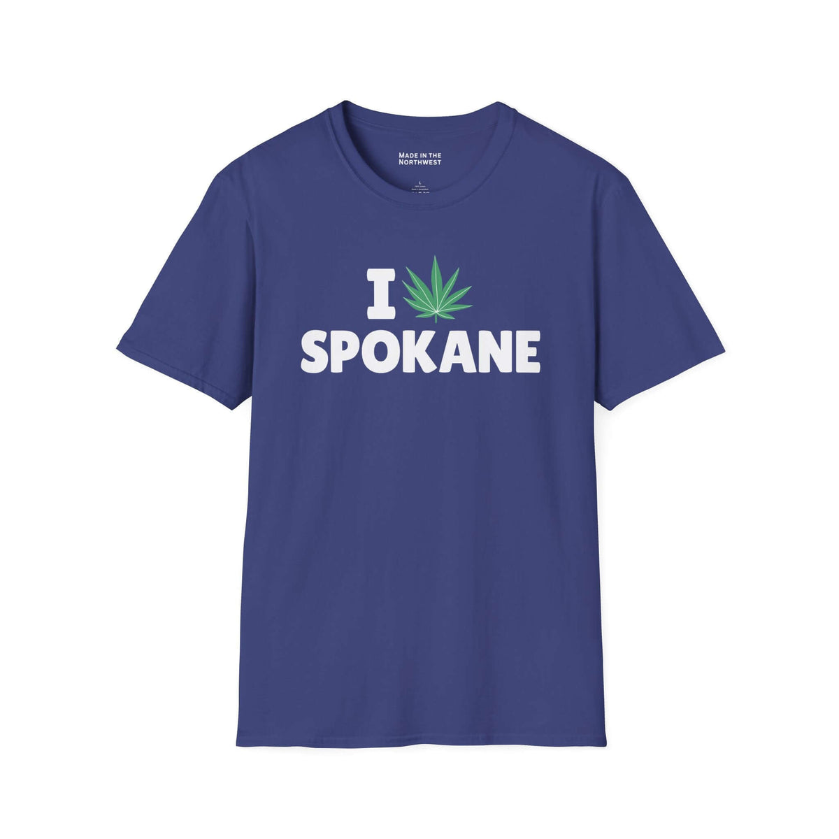 I Marijuana Spokane T Shirt featuring a bold graphic design with a marijuana leaf on a blue background.