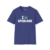 I Marijuana Spokane T Shirt featuring a bold graphic design with a marijuana leaf on a blue background.