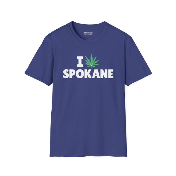 I Marijuana Spokane T Shirt featuring a bold graphic design with a marijuana leaf on a blue background.