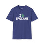 I Marijuana Spokane T Shirt featuring a bold graphic design with a marijuana leaf on a blue background.