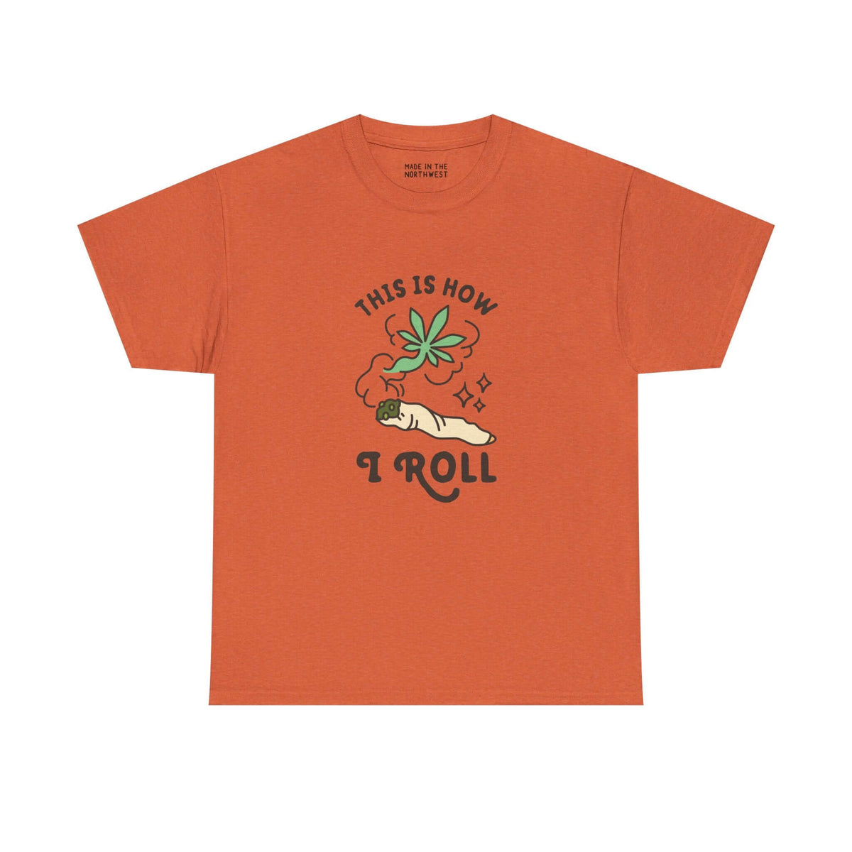 Orange athletic tee featuring 'This is How I Roll' slogan and cannabis joint graphic for relaxed vibes.