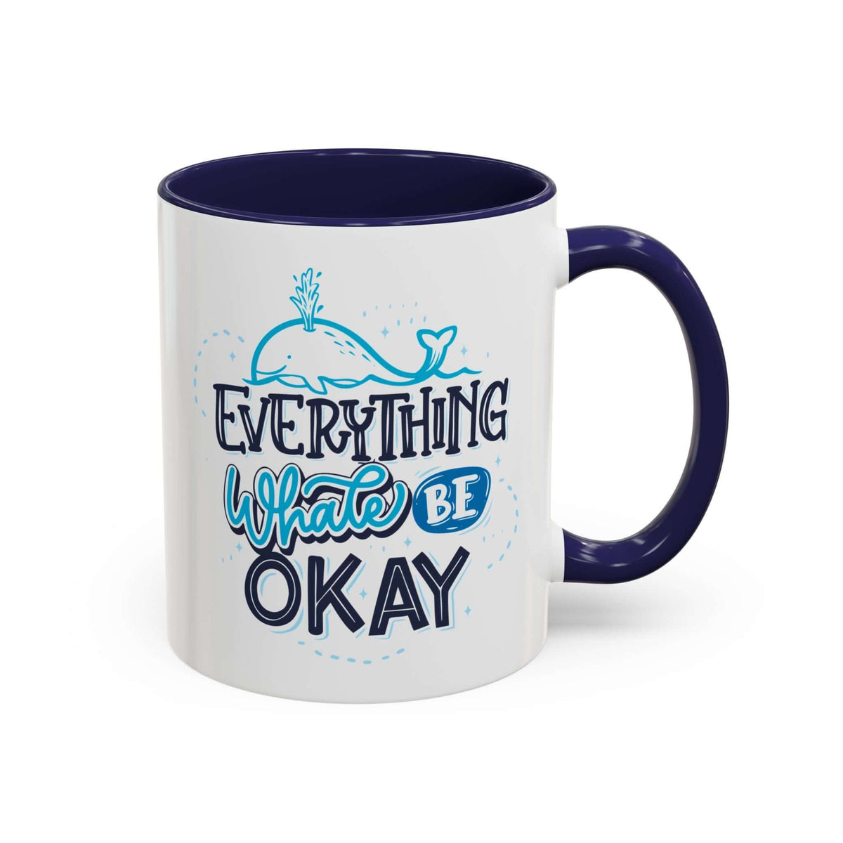 Everything Whale Be Okay Mug with whale illustration and blue handle, perfect for coffee or tea.