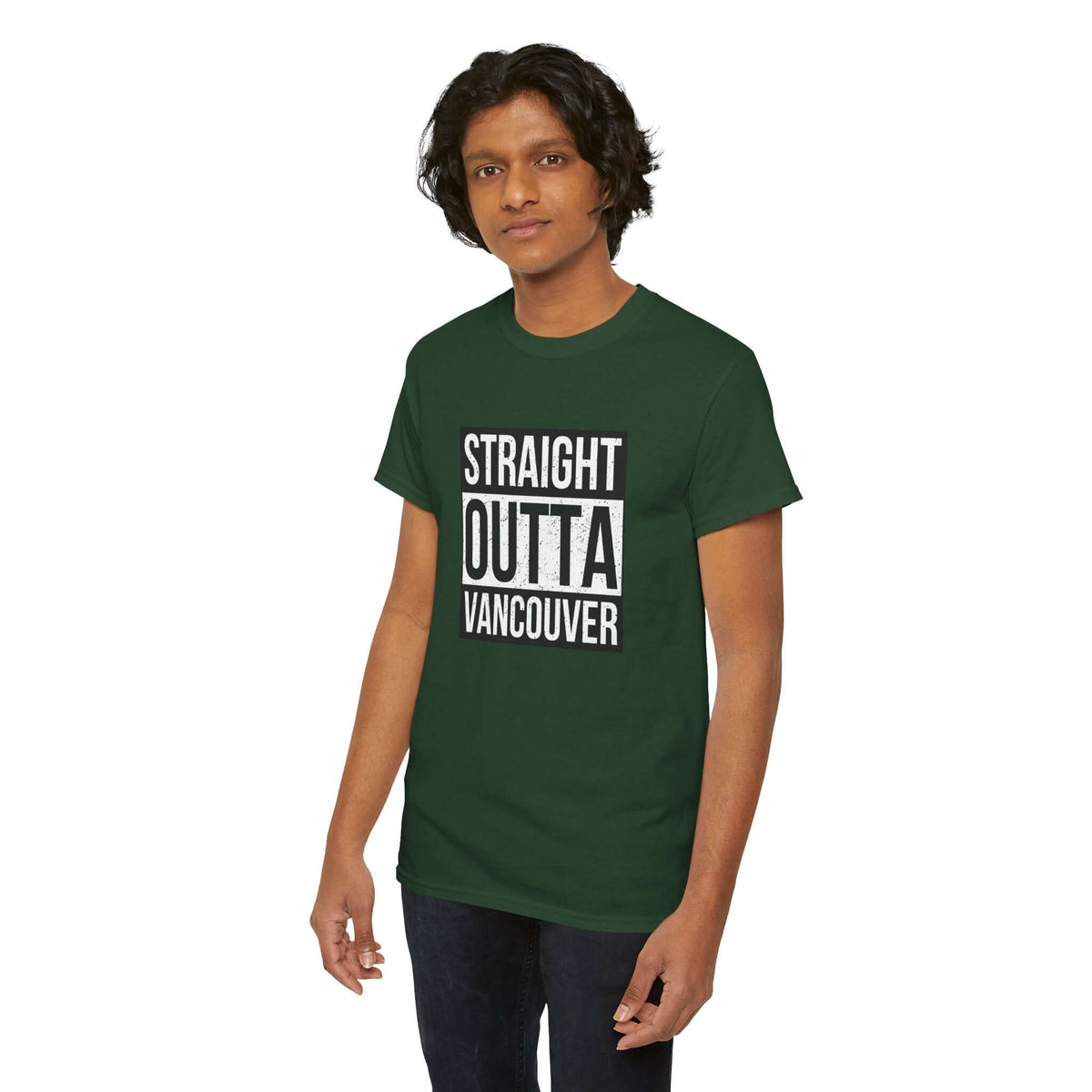 Person wearing green "Straight Outta Vancouver" athletic tee, showcasing city pride with bold streetwear style.