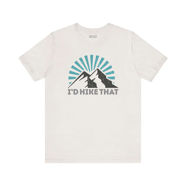 I’d Hike That T Shirt featuring a mountain design and playful lettering, perfect for outdoor enthusiasts.
