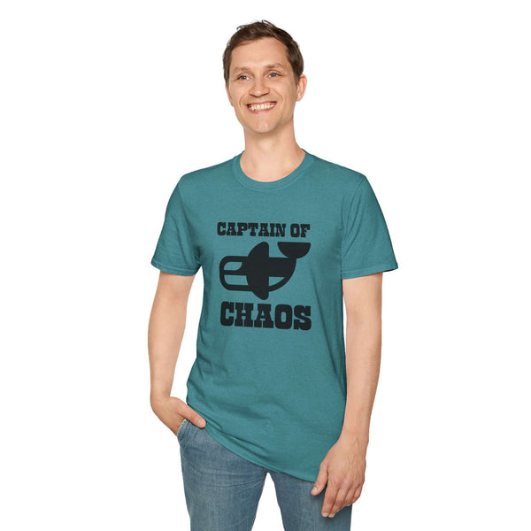 Man smiling in a teal Captain of Chaos Orca T-shirt, showcasing the fun design and relaxed fit.