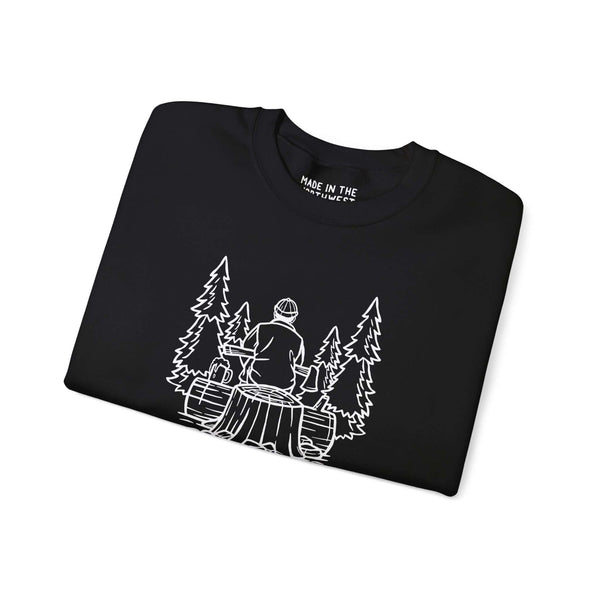 I Love Morning Wood sweatshirt featuring an outdoorsman on a log, perfect for nature lovers and pun enthusiasts.