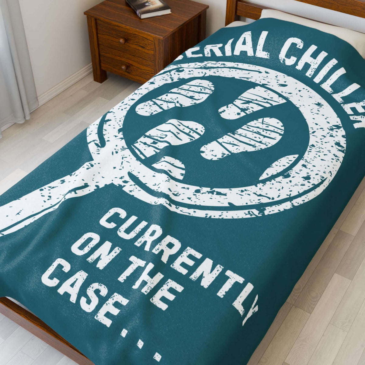 Serial Chiller True Crime Lightweight Cozy Blanket on bed, showcasing a design perfect for true crime fans.
