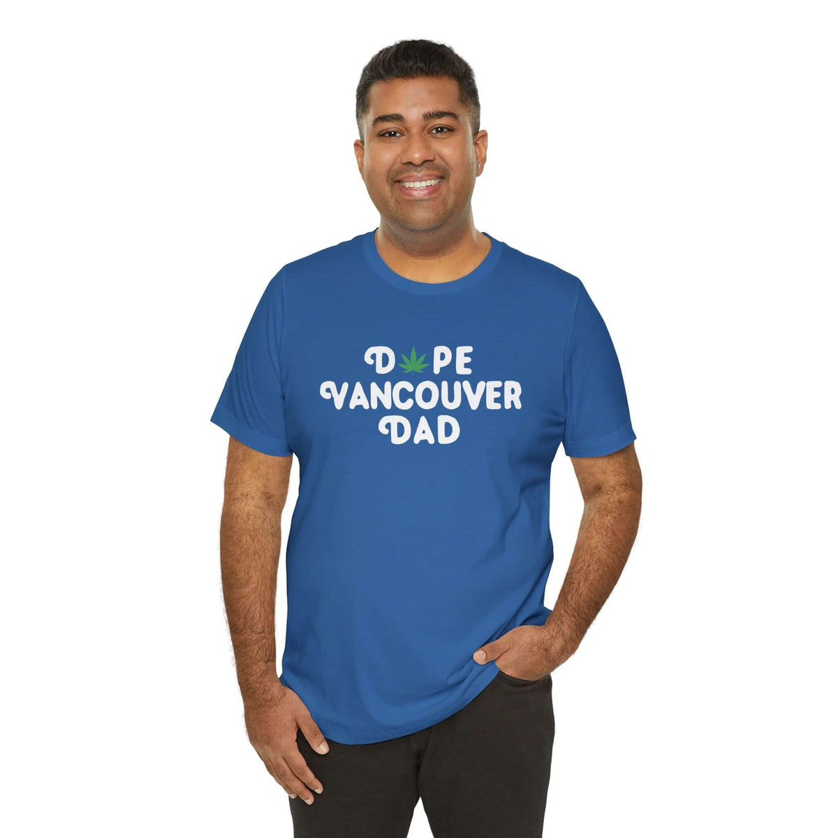 Man wearing blue Dope Vancouver Dad soft tee with marijuana leaf design, perfect for stylish dads in Vancouver.