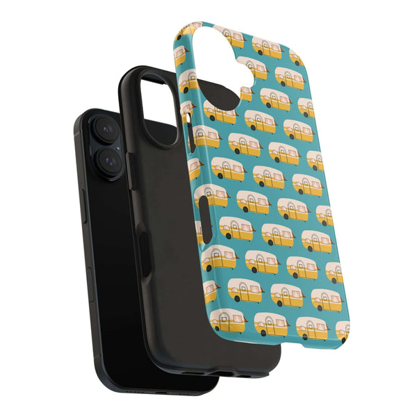 Happy Camper Adventure Tough Phone Case with vintage camper design on a vibrant background, perfect for travel lovers.