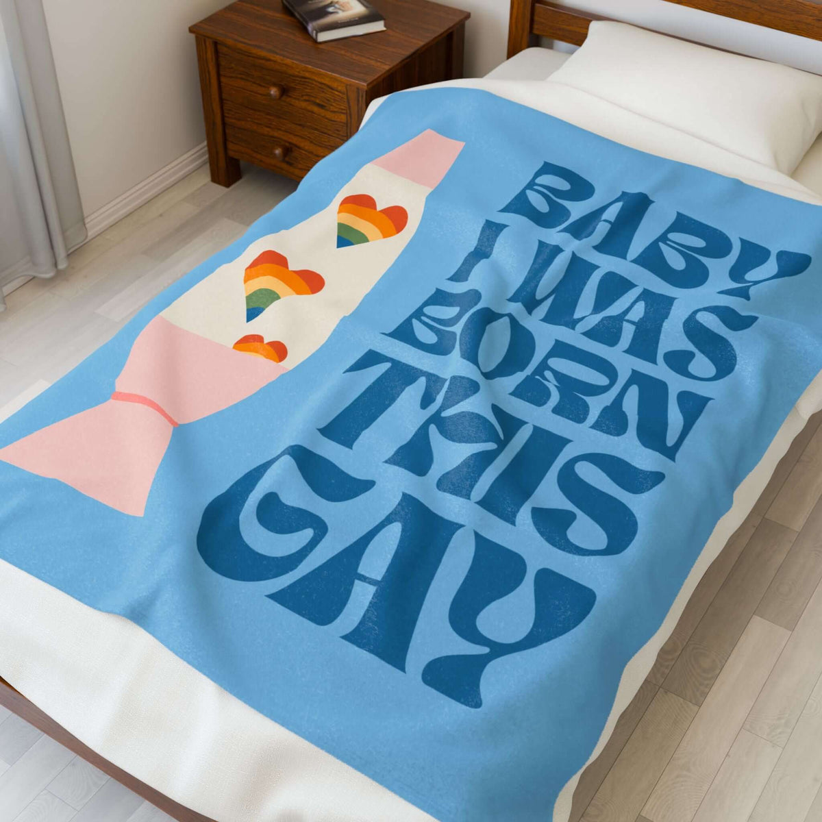 Baby I Was Born This Gay Lightweight Cozy Blanket on a bed, featuring vibrant colors and fun design.