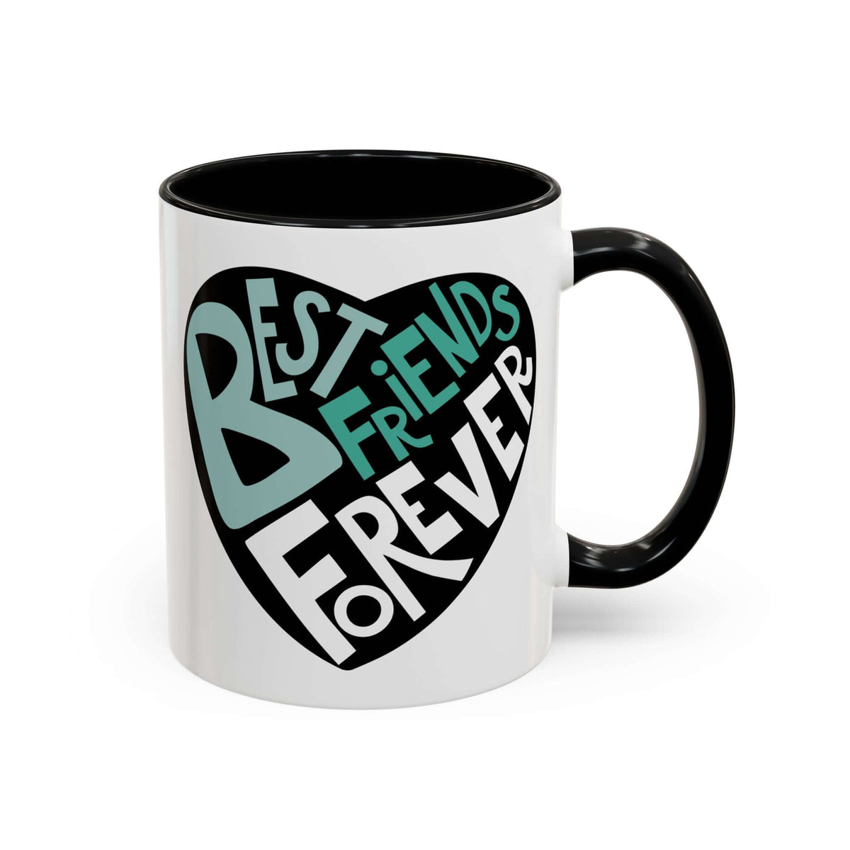 Ceramic Best Friends Forever Mug with hand-lettered heart design in turquoise and white on a glossy black rim.