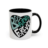 Ceramic Best Friends Forever Mug with hand-lettered heart design in turquoise and white on a glossy black rim.