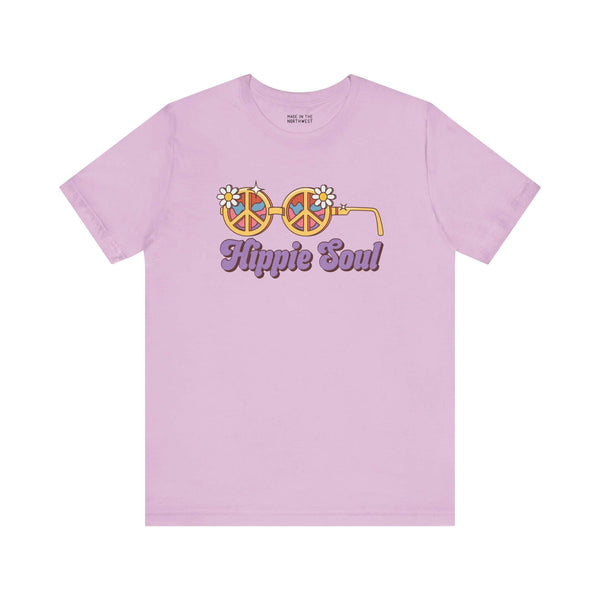 Hippie Soul retro peace tee featuring flower glasses on a soft pink shirt, perfect for free spirits and vintage lovers.