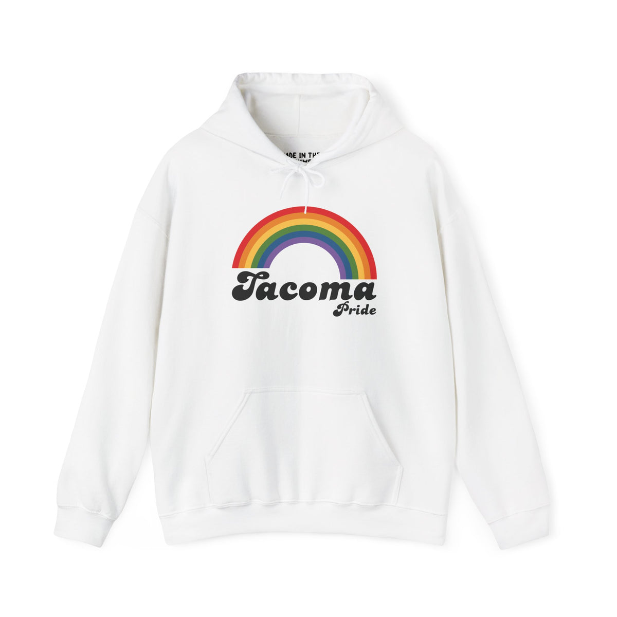 White Tacoma Pride hoodie featuring a vibrant rainbow arch design celebrating LGBTQ+ love and equality.
