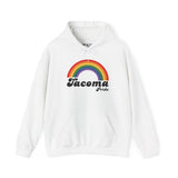 White Tacoma Pride hoodie featuring a vibrant rainbow arch design celebrating LGBTQ+ love and equality.