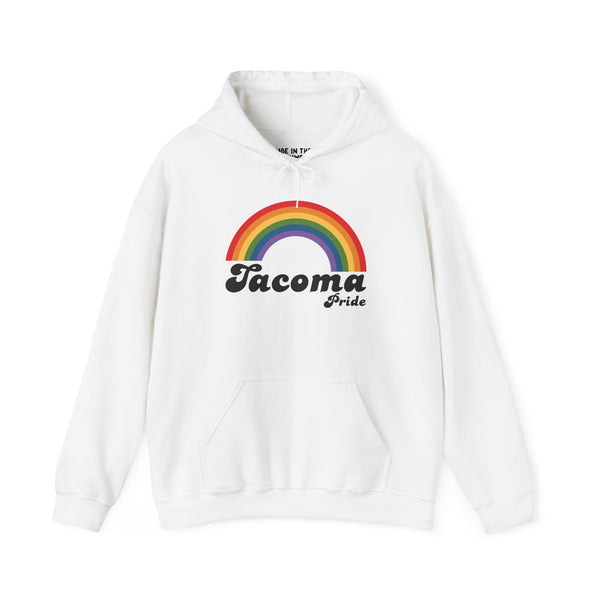 White Tacoma Pride hoodie featuring a vibrant rainbow arch design celebrating LGBTQ+ love and equality.