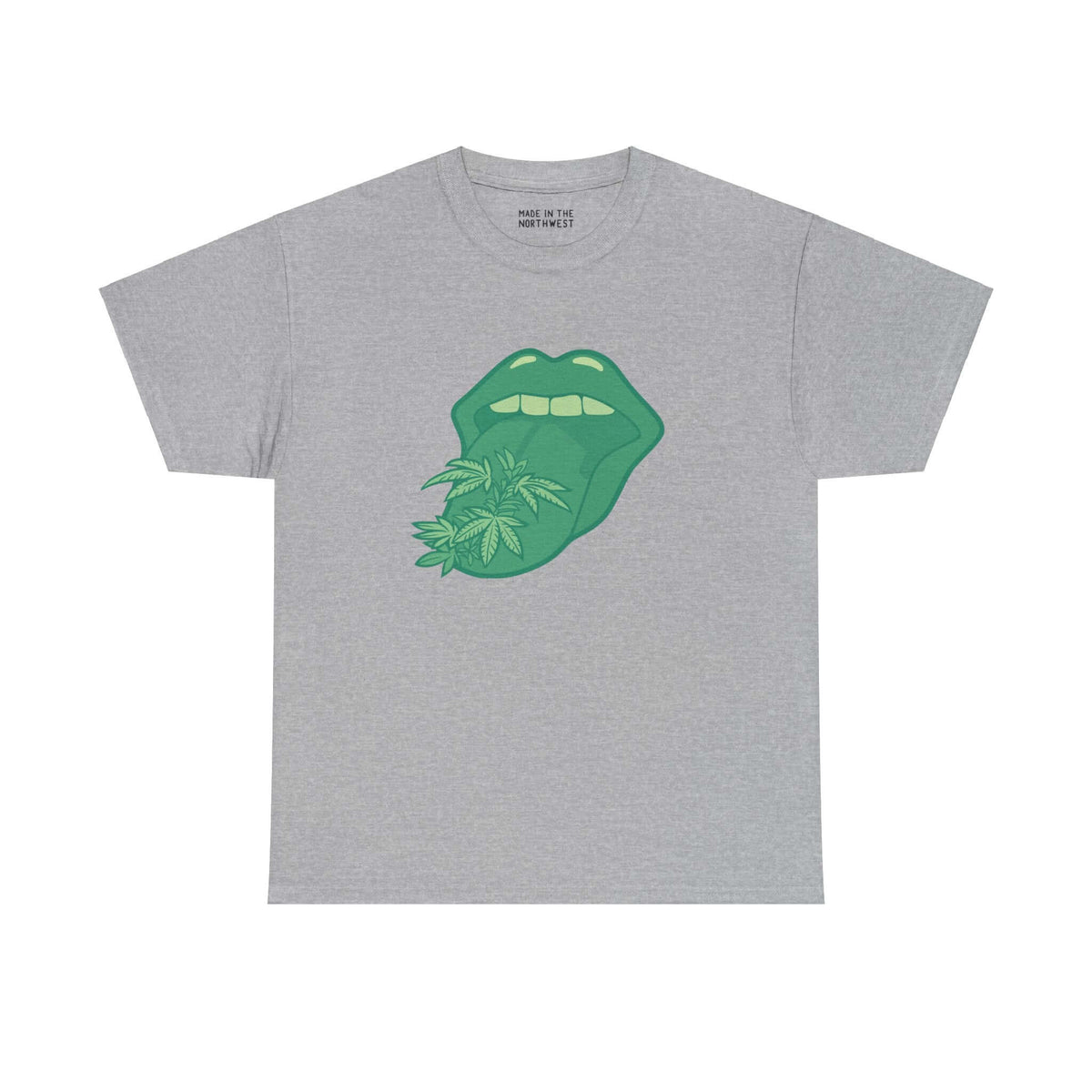 Gray athletic tee featuring a bold green tongue with marijuana leaves design.