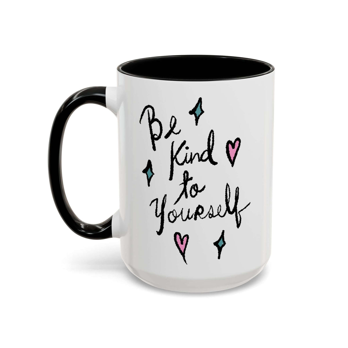 Be Kind to Yourself Mug featuring cheerful hand-lettered design and colorful accents.