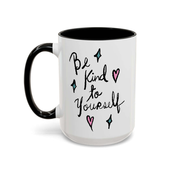 Be Kind to Yourself Mug featuring cheerful hand-lettered design and colorful accents.