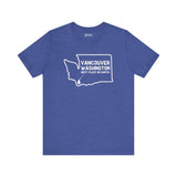 Vancouver Washington tee with state outline and tree icon on blue fabric, celebrating Pacific Northwest pride and hometown love.