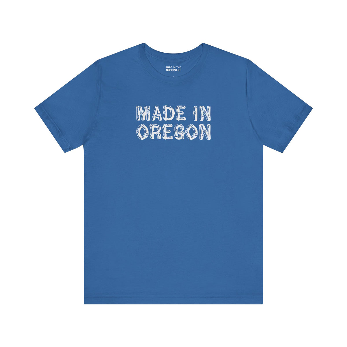 Blue premium soft tee featuring "Made in Oregon" in rustic log font, ideal for outdoor enthusiasts.