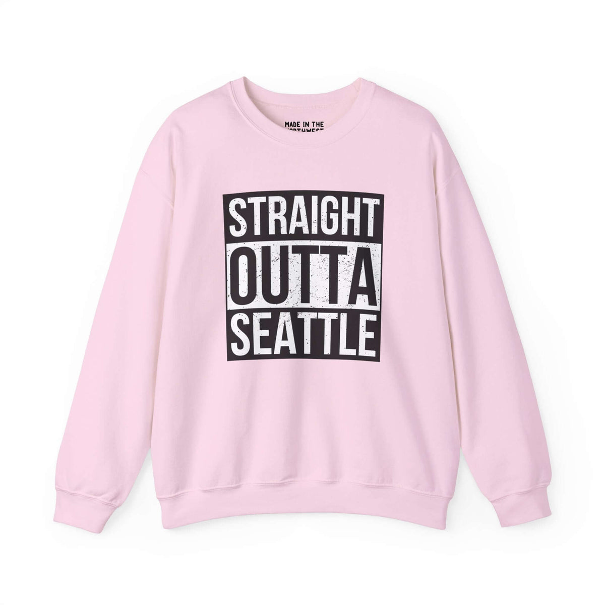 Pink "Straight Outta Seattle" sweatshirt with bold lettering, combining streetwear style and local pride.