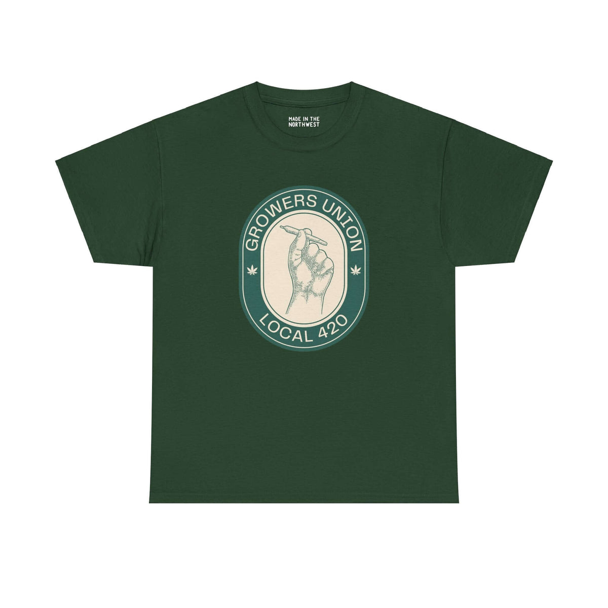 Green Grower's Union Local 420 Athletic Tee with hand-holding joint design, celebrating 420 culture and humor.