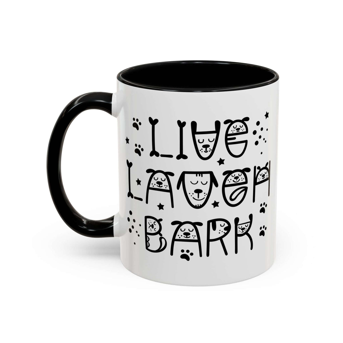 Live Laugh Bark Mug for dog lovers featuring playful design and paw prints.