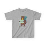 Kids' gray tee with a bear holding a map and backpack, perfect for outdoor adventures in the Northwest.