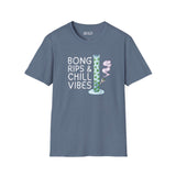 Bong Rips & Chill Vibes softstyle t-shirt in blue, featuring a relaxed cannabis design with a bong and smoke.