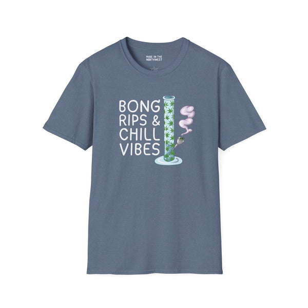 Bong Rips & Chill Vibes softstyle t-shirt in blue, featuring a relaxed cannabis design with a bong and smoke.