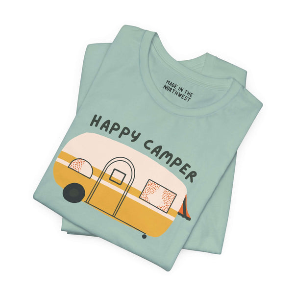 Happy Camper Adventure Premium Soft Tee with vintage camper design, perfect for travelers and outdoor enthusiasts.