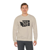 Man wearing From the 509 Spokane sweatshirt with Washington state silhouette and star marking Spokane.