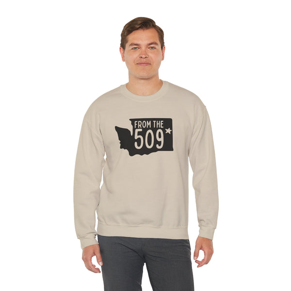 Man wearing From the 509 Spokane sweatshirt with Washington state silhouette and star marking Spokane.