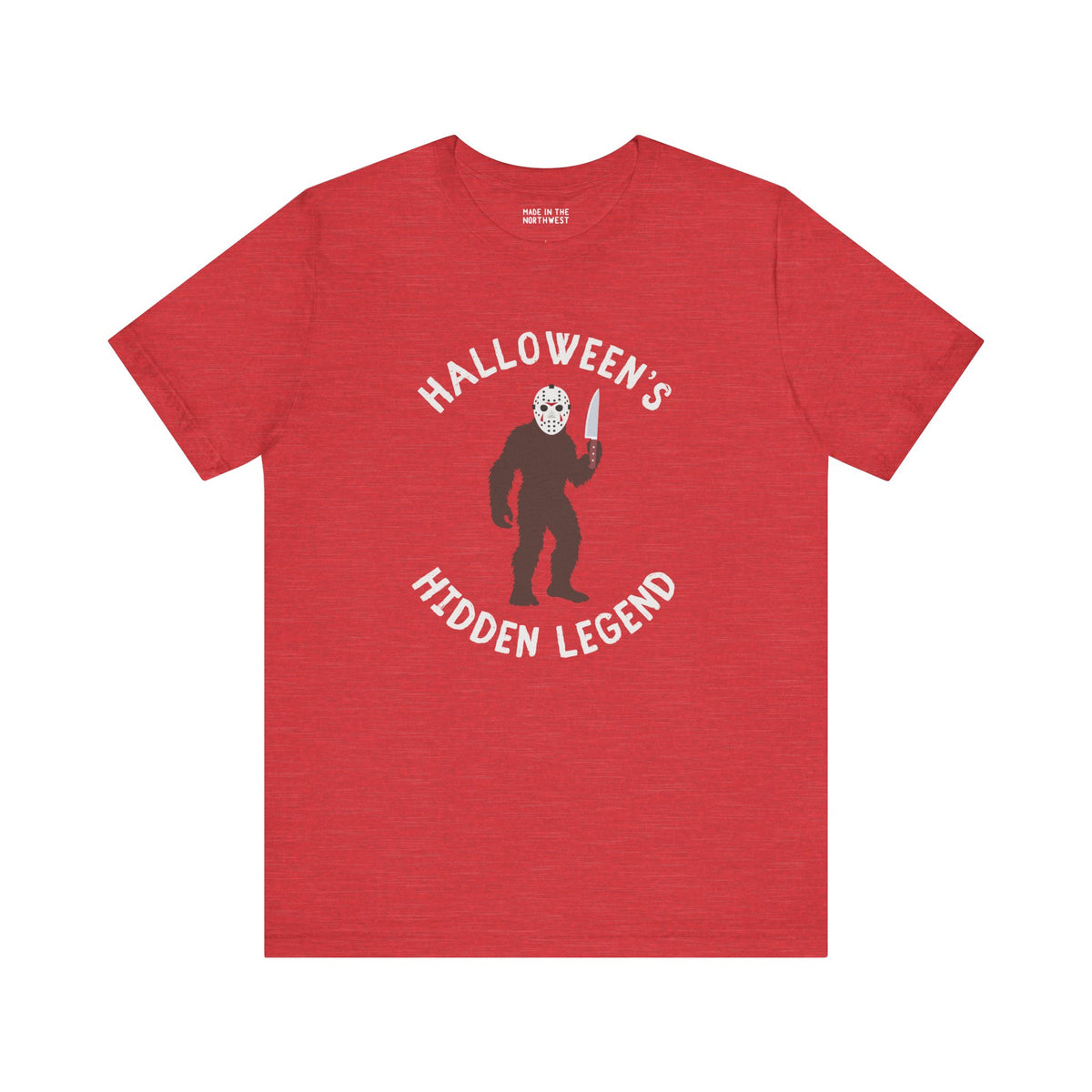 Halloween's Hidden Legend Bigfoot tee featuring creature in Jason mask with a knife, perfect for spooky season.