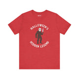 Halloween's Hidden Legend Bigfoot tee featuring creature in Jason mask with a knife, perfect for spooky season.