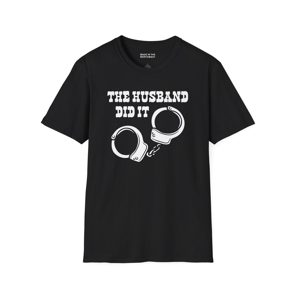 The Husband Did It T Shirt featuring handcuff graphic, perfect for true crime enthusiasts.