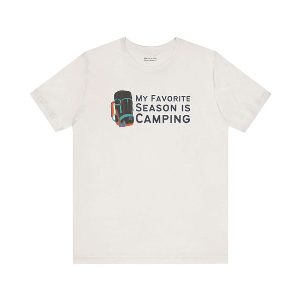 My Favorite Season is Camping Tee featuring a backpack design on a light shirt.
