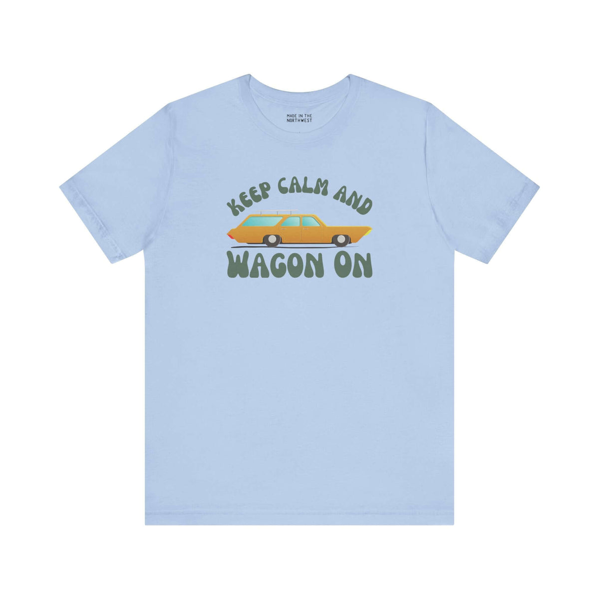 Keep Calm and Wagon On premium soft tee with '68 Chevelle graphic on light blue fabric.