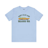 Keep Calm and Wagon On premium soft tee with '68 Chevelle graphic on light blue fabric.