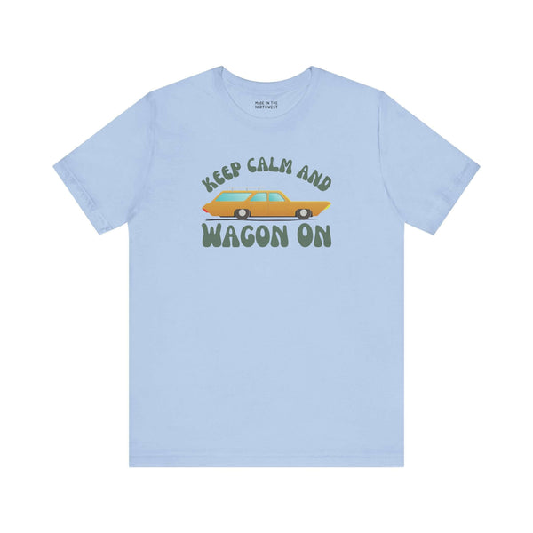 Keep Calm and Wagon On premium soft tee with '68 Chevelle graphic on light blue fabric.