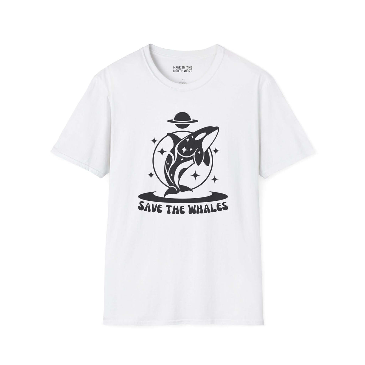 Save the Whales Orca Softstyle T-Shirt featuring a mystical orca graphic on a white background.