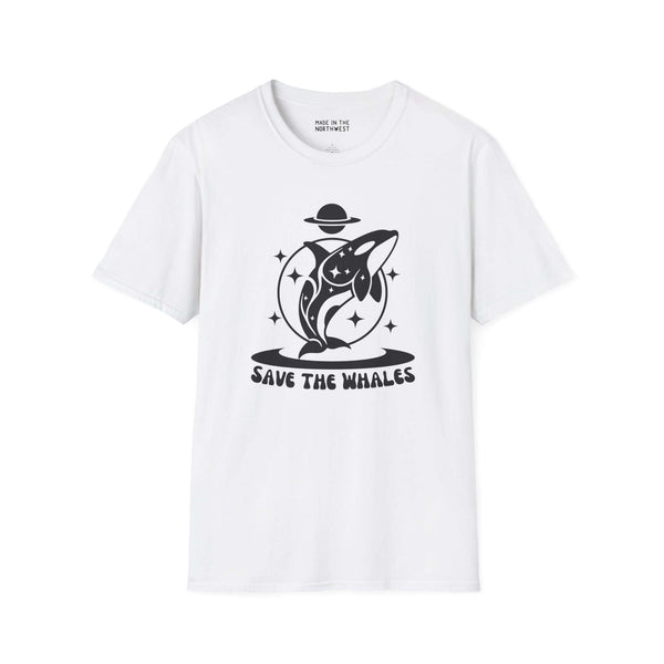 Save the Whales Orca Softstyle T-Shirt featuring a mystical orca graphic on a white background.