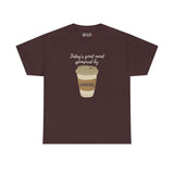 Today's Good Mood Sponsored By Coffee athletic tee featuring a coffee cup design on a dark brown shirt.