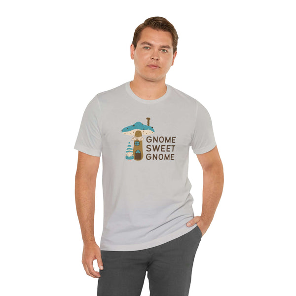Model wearing Gnome Sweet Gnome House tee featuring a cute gnome and mushroom design, perfect for woodland whimsy lovers.