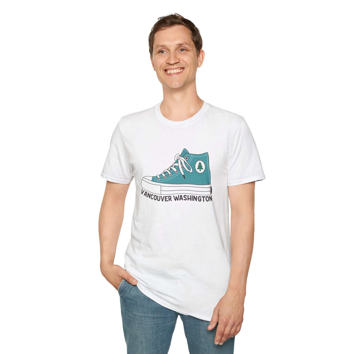 Man wearing Kickin’ It in the 360 unisex softstyle t-shirt with Converse design, celebrating Vancouver Washington.