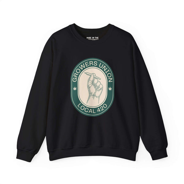 Grower's Union Local 420 sweatshirt with hand holding joint illustration, embracing 420 culture in black cozy design.